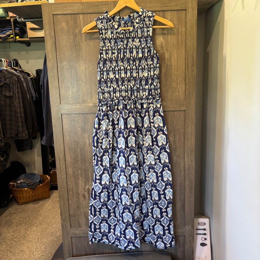 J.McLaughlin Blue White Ikat Cotton Smocked Maxi Dress Sleeveless Pockets Small